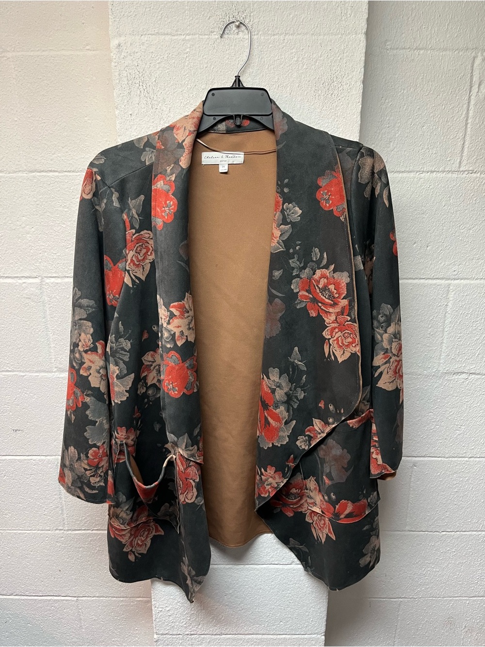 Chelsea & Theodore Black Floral Open-Front Blazer with Red Rose Print